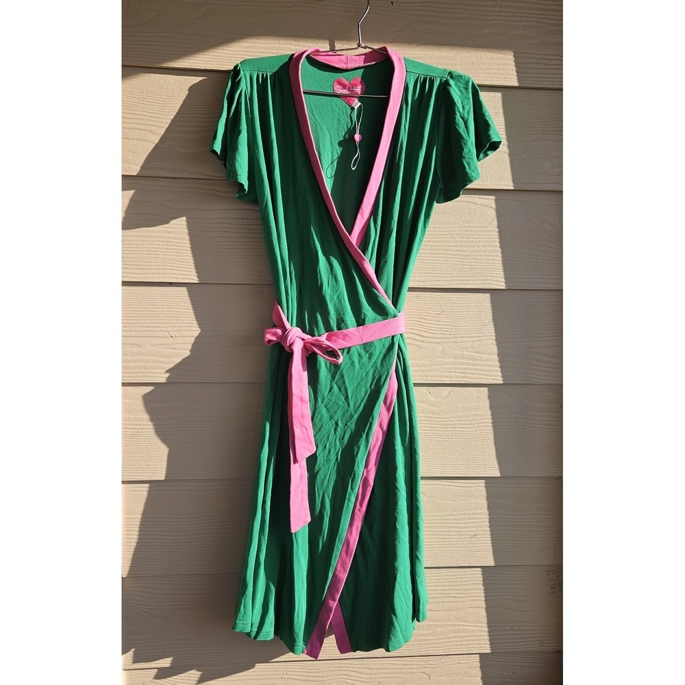Green & Pink Wrap Dress w Side Pockets by Sacred Heart Collection Sz S Whimsical
